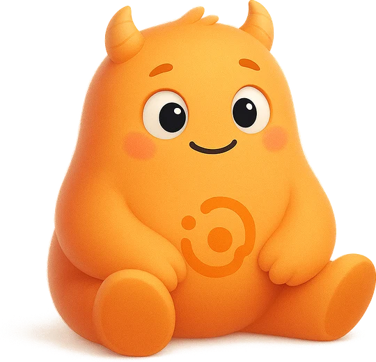 Mima, the orange Meaningful plushie, sitting and smiling